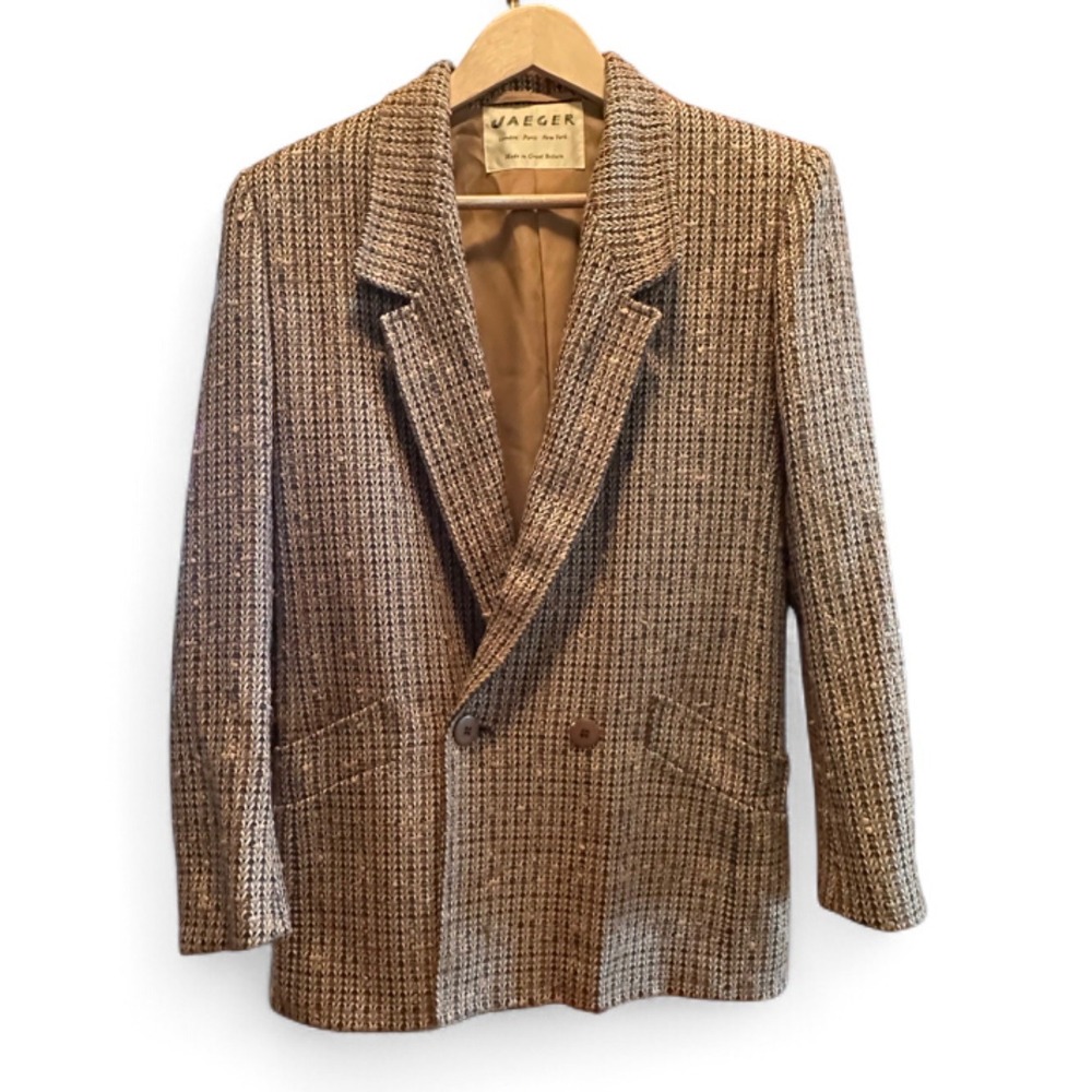 Vintage Jaeger Silk Alpaca Wool Blazer Jacket Brown Tweed Double Breasted UK